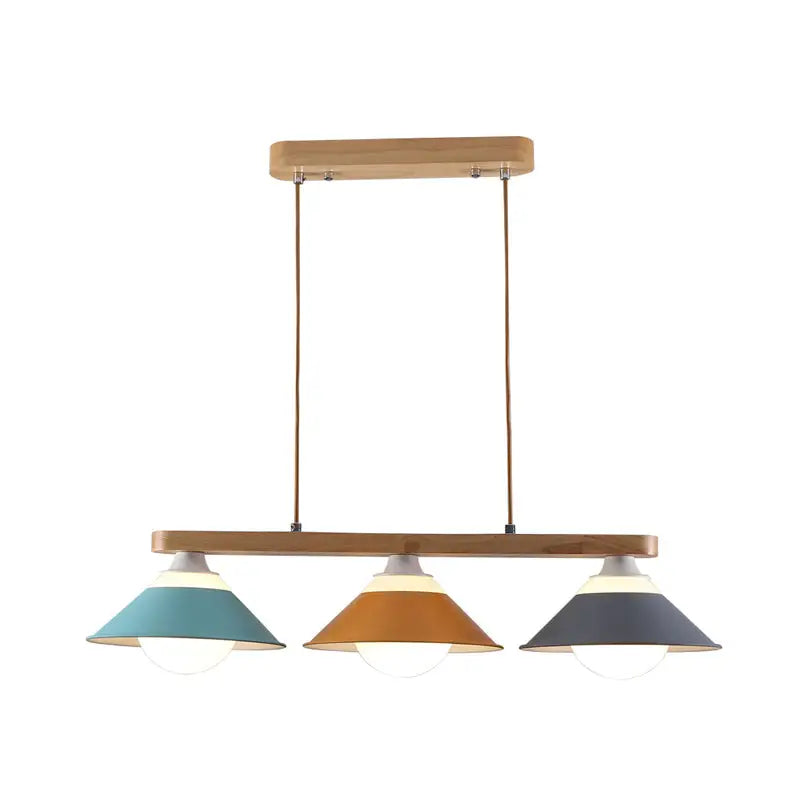 Decorbites modern 3-light island pendant with wooden frame and teal mustard yellow navy blue e26 bulb base shades