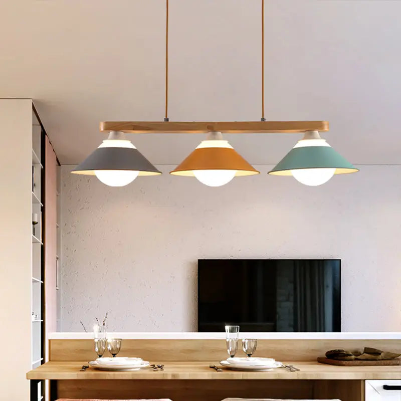 Decorbites modern 3-light island pendant with wood accent in blue grey and yellow tones featuring e26 e27 bulb base conical shades