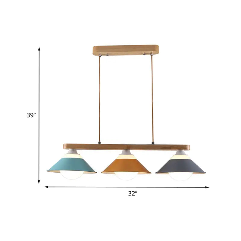 Decorbites modern 3-light island pendant with wood frame and teal orange gray metal shades e26 e27 bulb base light type
