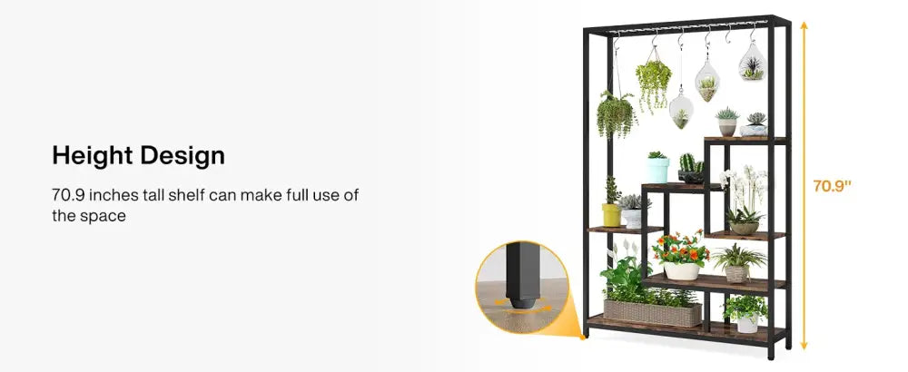 Decorbites™ modern 5-tier tall black metal plant stand with wood shelves and hanging hooks for potted plants display