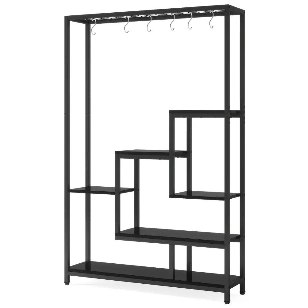 Decorbites modern 5-tier tall black metal plant stand with tiered shelves and hanging hooks for plant display