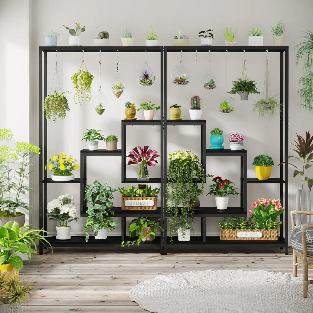 DecorBites™ modern black metal plant stand with five tiers and hanging glass terrariums for stylish plant display