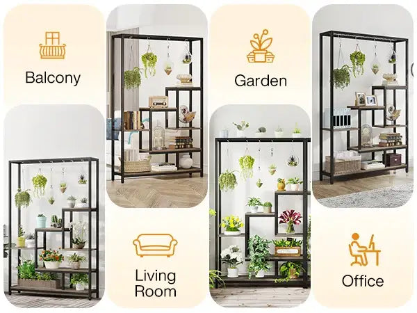 Black metal plant stand with five tiers and hanging hooks for versatile indoor plant display by DecorBites™