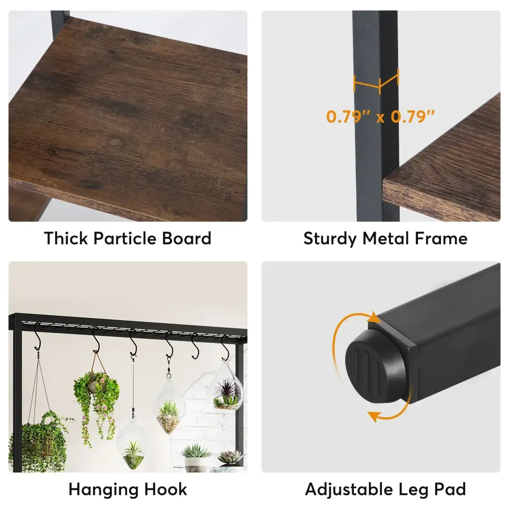 DecorBites modern 5-tier tall metal plant stand with black metal frame, dark wood particle shelves, and hanging hooks