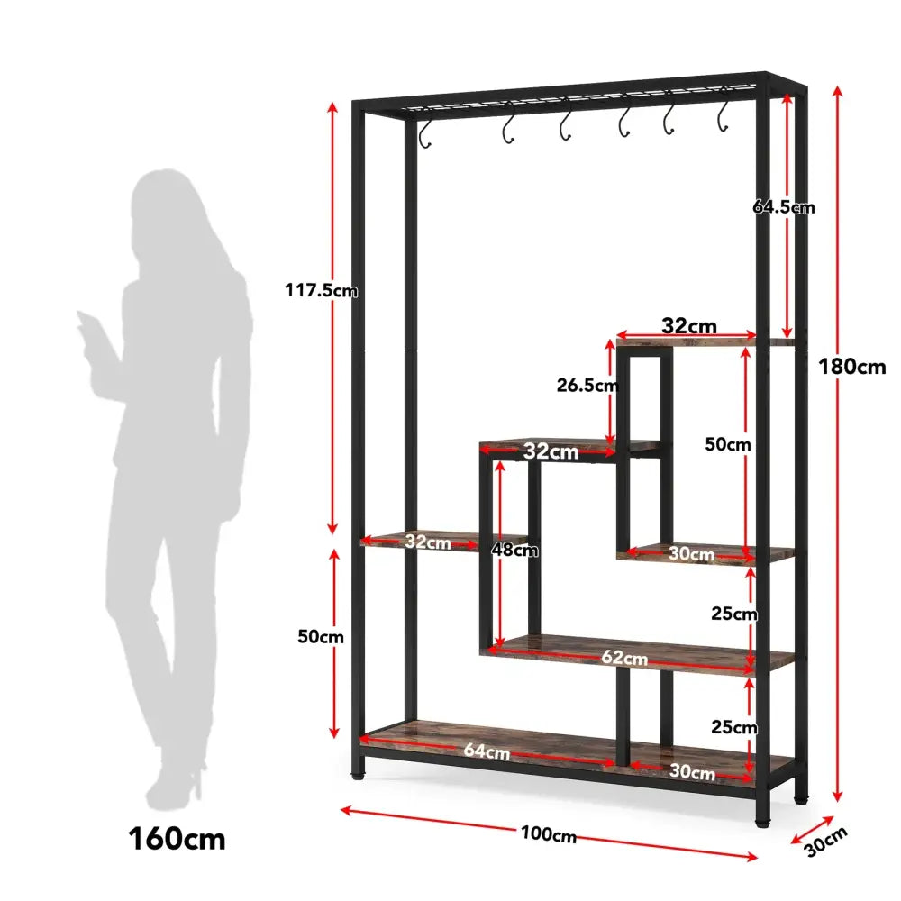 Decorbites™ modern 5-tier tall metal plant stand with black metal frame and dark wood plant shelves and hooks
