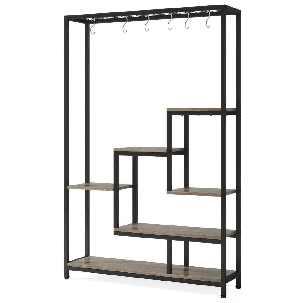 Decorbites™ modern 5-tier tall metal plant stand with black frame and gray wood-toned shelves and hooks for plant shelf use