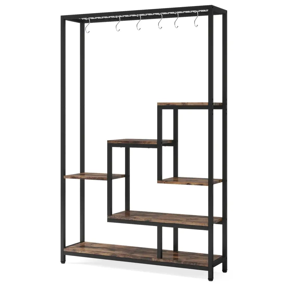 DecorBites™ modern 5-tier tall metal plant stand with black metal frame rustic brown wooden shelves and silver hooks