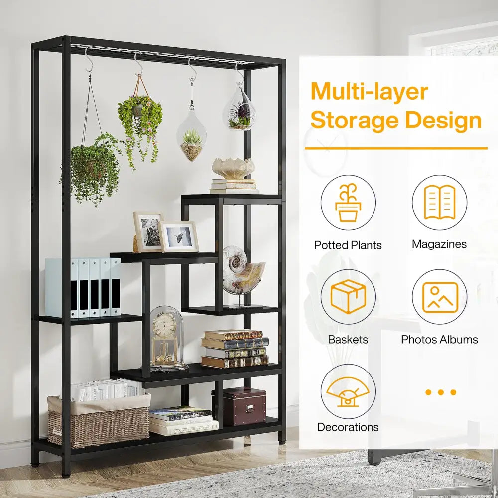 Decorbites™ modern black metal plant stand with five tiers, multi-layer shelves, and hanging planters for display