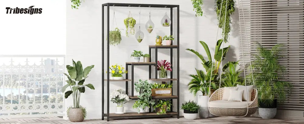 Decorbites™ modern 5-tier tall black metal plant stand with multiple shelves and hanging hooks displaying potted plants