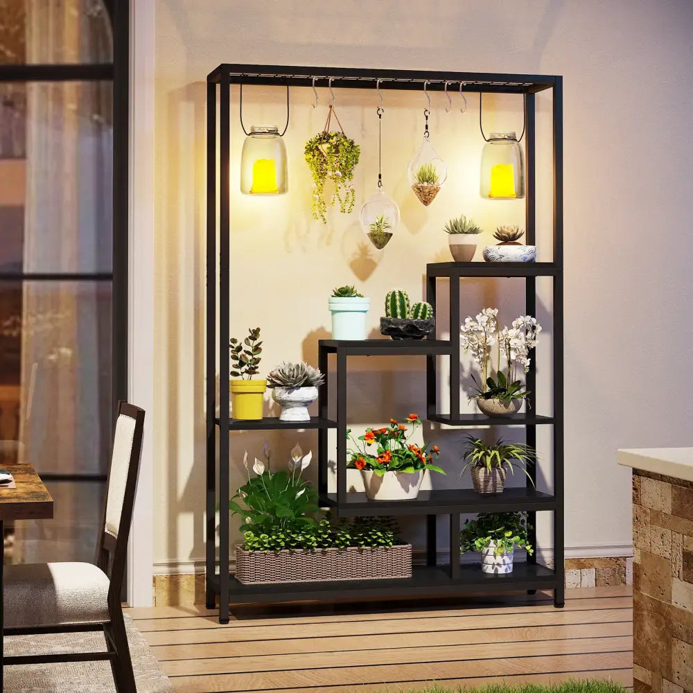 Decorbites modern 5-tier tall black metal plant stand with multiple shelves and hanging lanterns for plant display