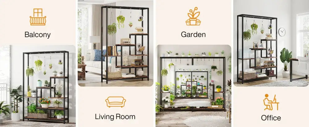 DecorBites modern black metal plant stand with five shelves and hanging plant hooks for indoor display