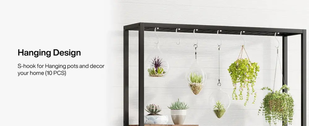 Black metal s-hook hanging design on DecorBites™ modern 5-tier tall metal plant stand for pots and decor display