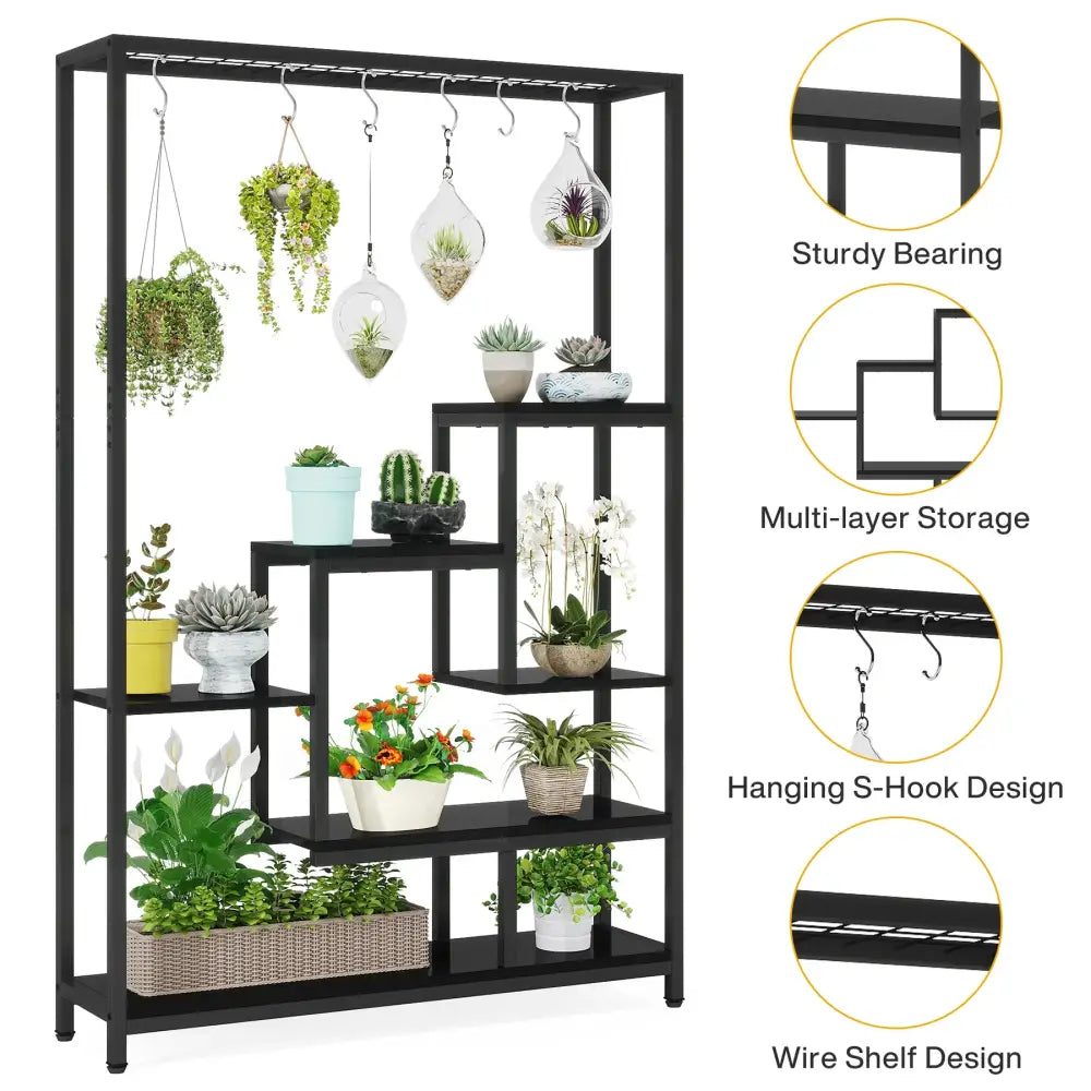 Black metal plant stand DecorBites™ modern 5-tier tall metal plant shelf with multi-layer storage and s-hook design