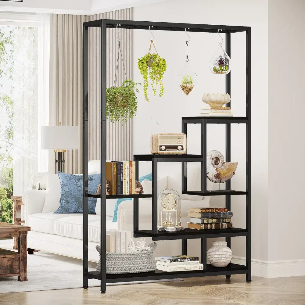 Black metal decorbites™ modern 5-tier tall metal plant stand with multiple open shelves and hanging plant holders