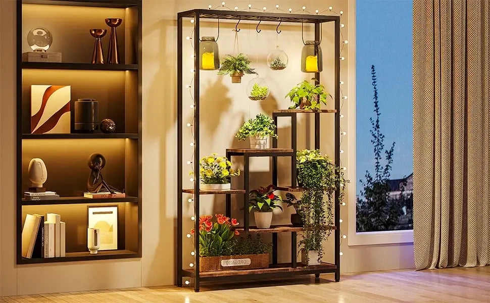 Decorbites™ modern 5-tier tall black metal plant stand with string lights and multiple potted plants on each shelf