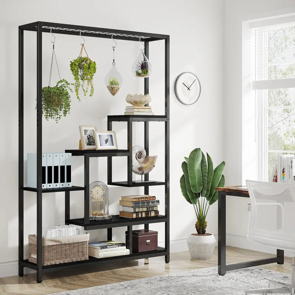 Decorbites modern 5-tier tall black metal plant stand with open shelves and hanging plant hooks for versatile plant display