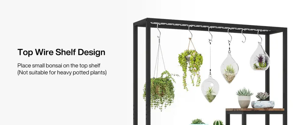 Decorbites™ modern 5-tier tall black metal plant stand with wire shelves holding hanging glass terrariums and potted succulents