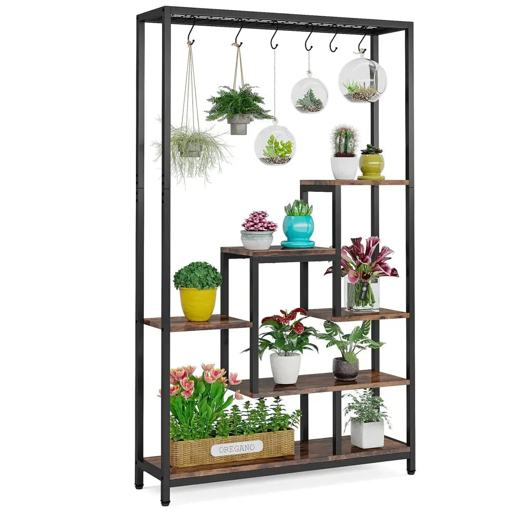 Decorbites™ modern 5-tier tall black metal and wood plant stand with multiple shelves and hanging hooks as plant shelf