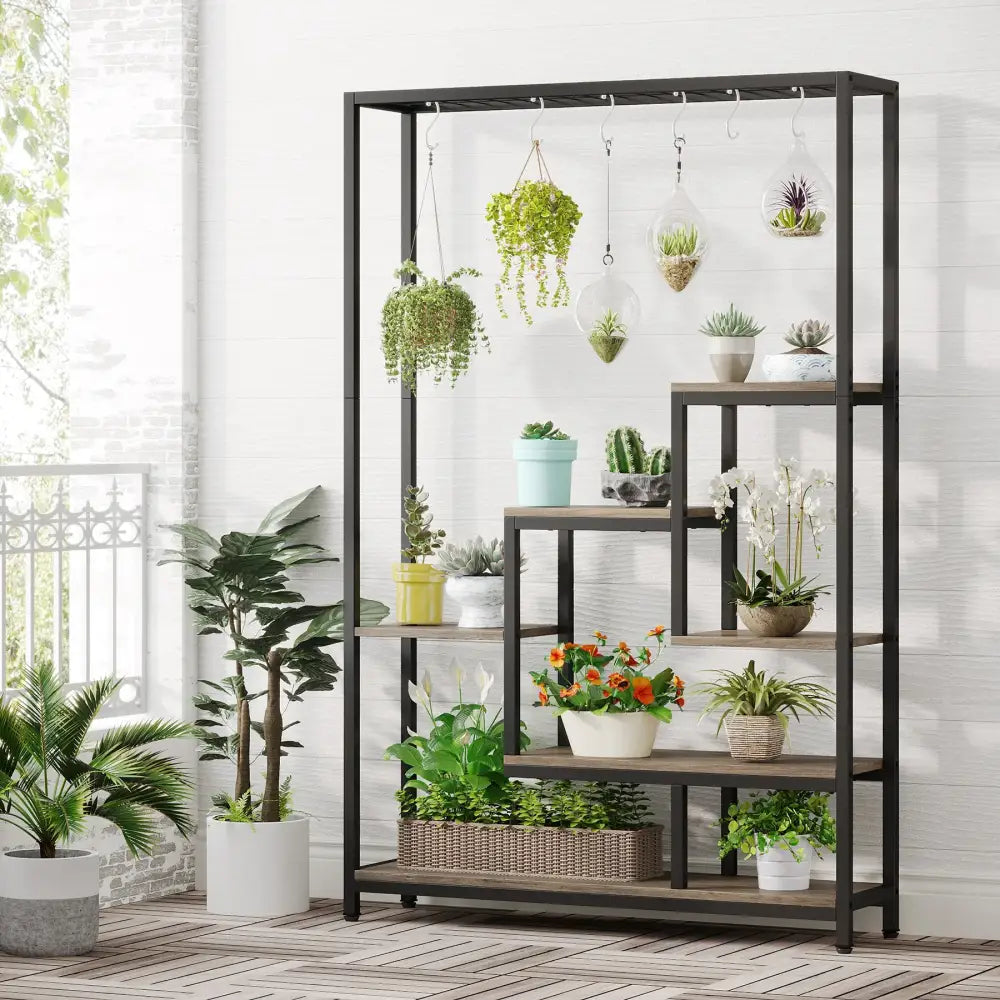 Decorbites™ modern 5-tier tall black metal and wood plant stand with multiple shelves holding various potted plants