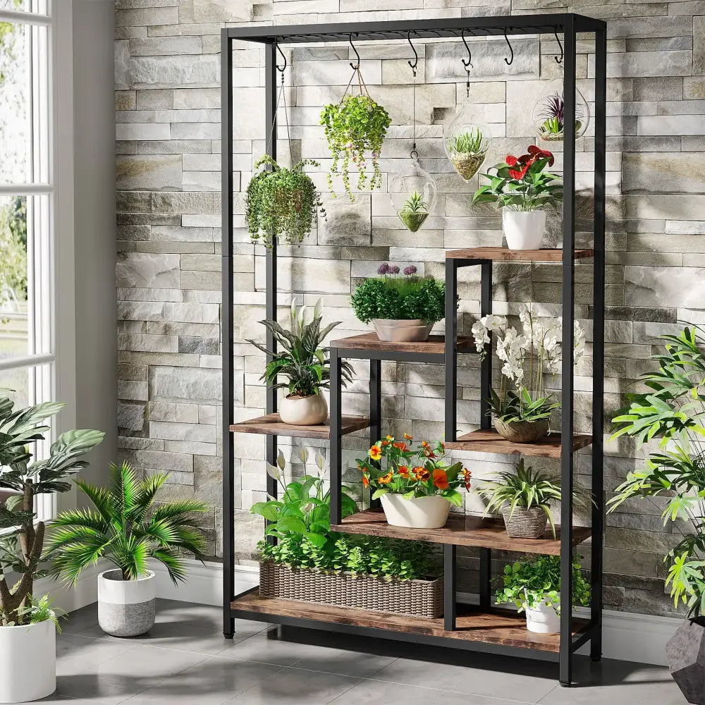 Decorbites modern 5-tier tall metal plant stand in black metal and wood featuring multiple shelves and hanging hooks