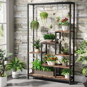 Decorbites modern 5-tier tall metal plant stand in black metal and wood featuring multiple shelves and hanging hooks
