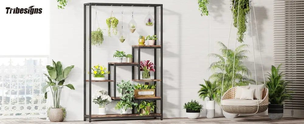DecorBites™ modern 5-tier tall black metal and wood plant stand with multiple shelves for potted plants display