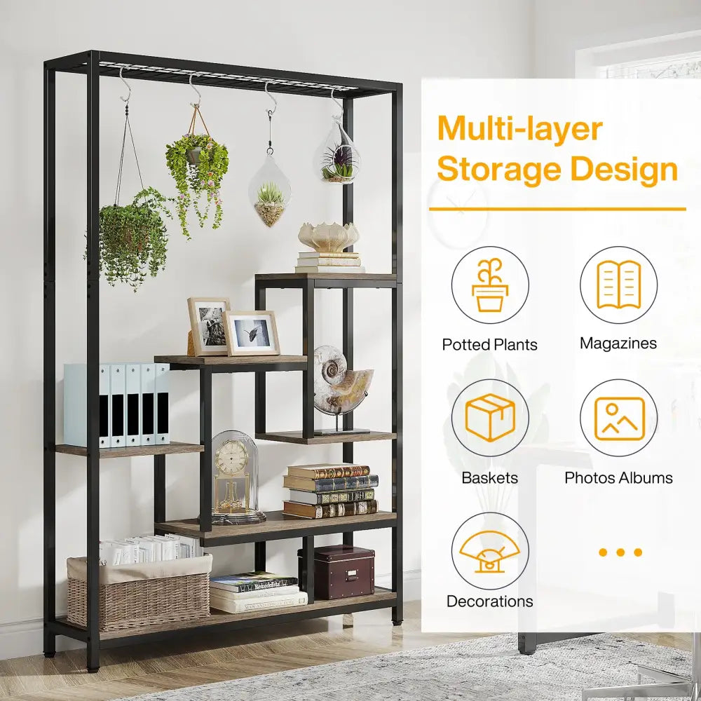 DecorBites™ modern black metal and wood 5-tier tall plant stand with shelves and hanging planters for decor storage