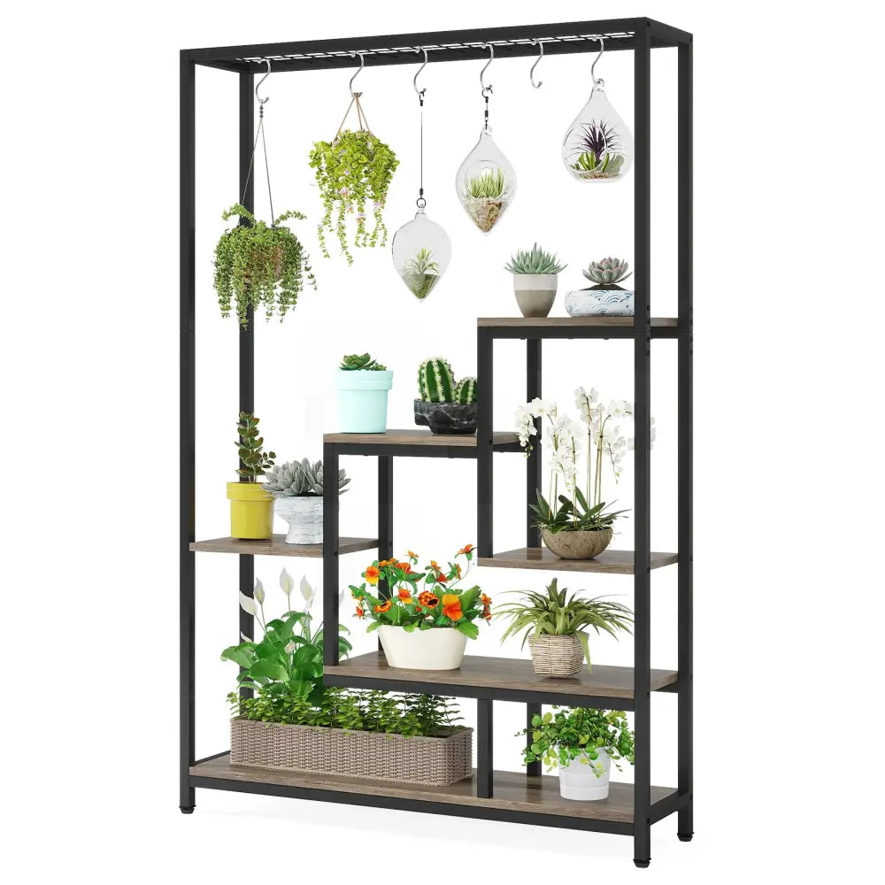 DecorBites™ modern 5-tier tall metal plant stand with black metal frame and wood-toned shelves displaying potted plants