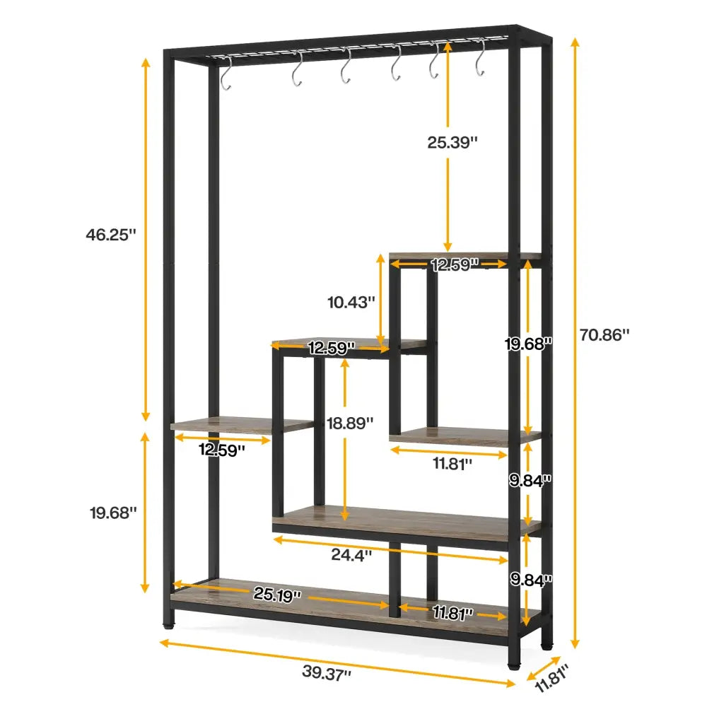 Decorbites modern 5-tier tall metal plant stand with black metal frame wood-toned shelves and top hooks for hanging clothes