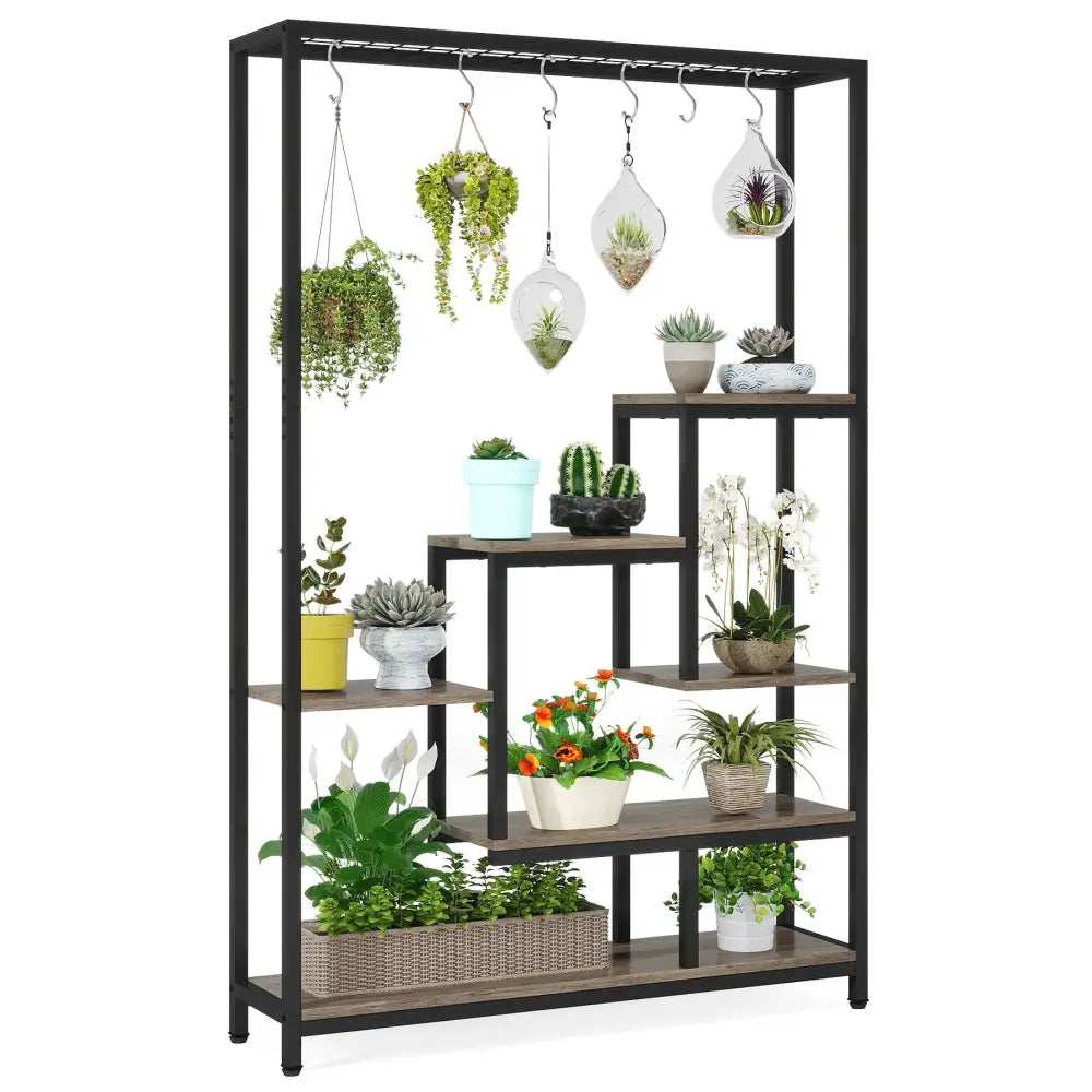 DecorBites™ modern 5-tier tall metal plant stand with black metal frame and wood-toned shelves for displaying plants