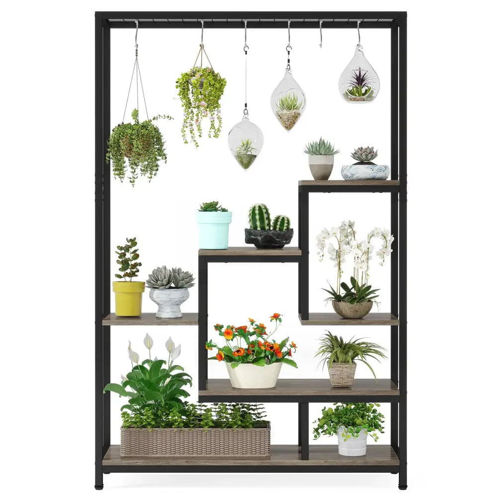 Decorbites™ modern 5-tier tall metal plant stand with black metal frame and wood-toned shelves displaying colorful potted plants