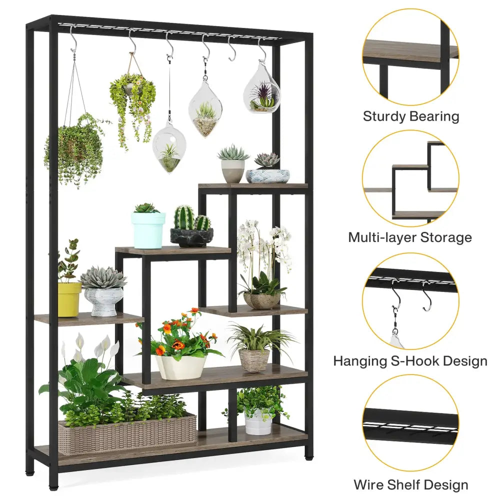 Decorbites modern 5-tier tall metal plant stand with black metal frame wood-toned shelves hanging hooks and wire shelves
