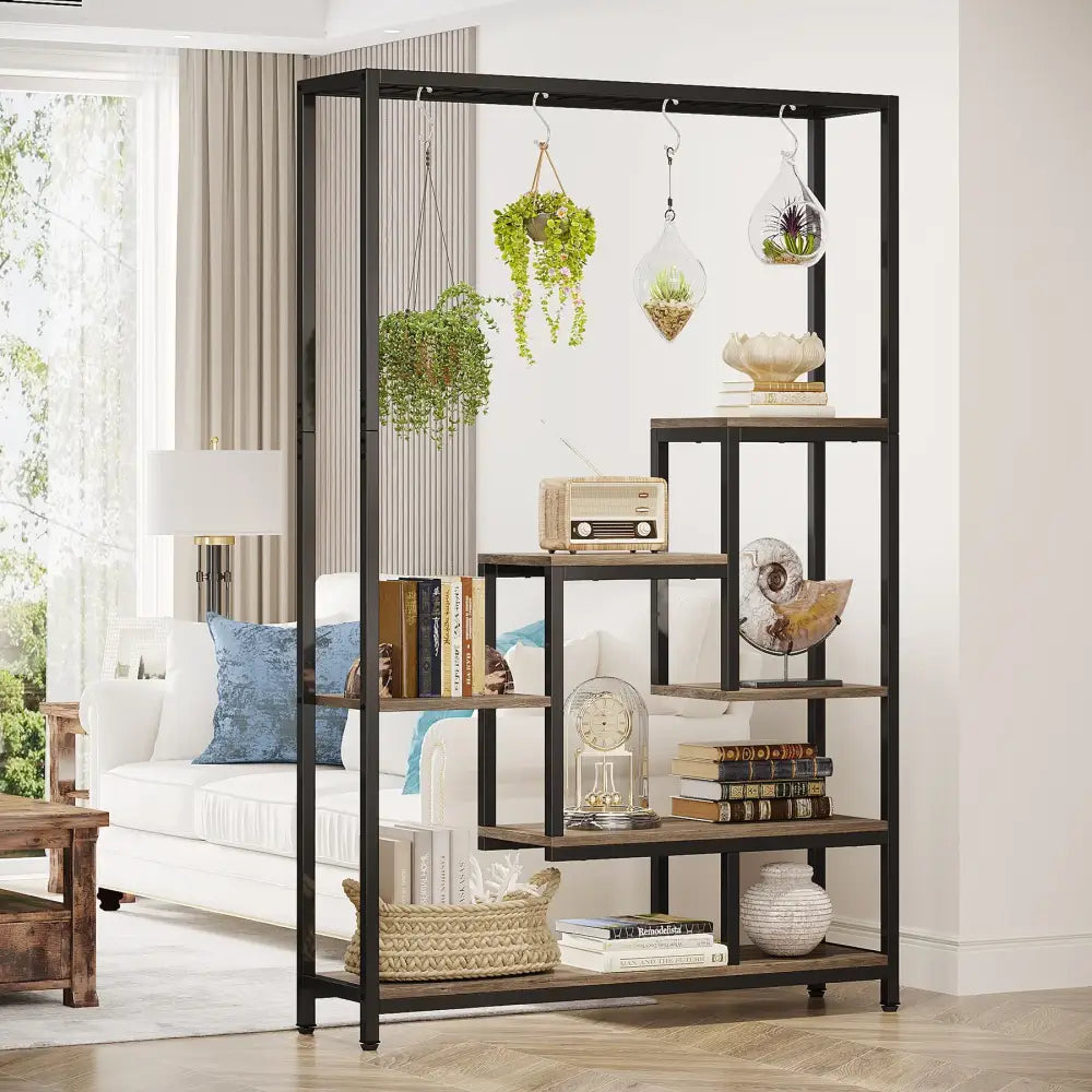 Decorbites™ modern 5-tier tall metal plant stand with black metal frame and wood shelves displaying books and plants