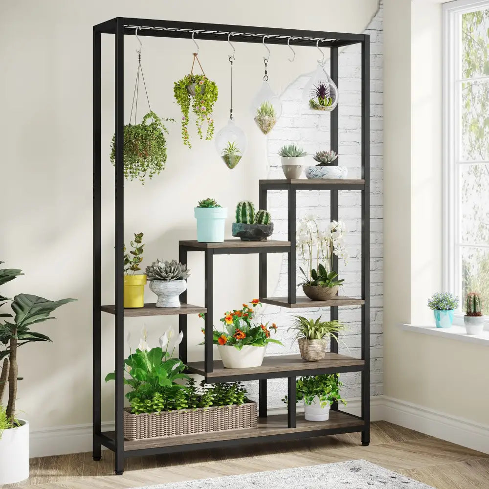 Decorbites modern black metal and wood 5-tier tall plant stand with hanging planters and metal plant shelves