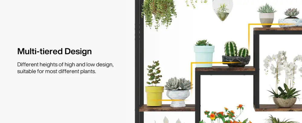 Decorbites™ modern 5-tier tall black metal plant stand with wooden shelves holding colorful potted plants