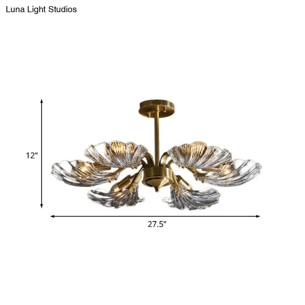 Decorbites modern 6-bulb brass ceiling light with leaf-shaped shell glass shades compatible with led incandescent fluorescent bulbs for 220v-240v 110v-120v