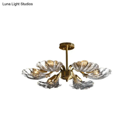 Decorbites modern 6-bulb shell glass ceiling light in brass with petal-shaped shades, compatible with led incandescent fluorescent 220v-240v 110v-120v