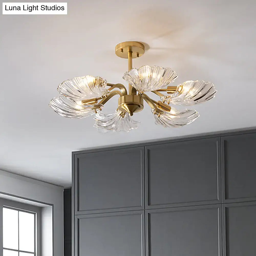 DecorBites modern 6-bulb shell glass ceiling light in brass with gold-toned chandelier and leaf-shaped shades for 220v-240v use