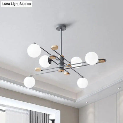 Decorbites modern 6-head black grey chandelier with frosted glass shade and wood accents for living room lighting