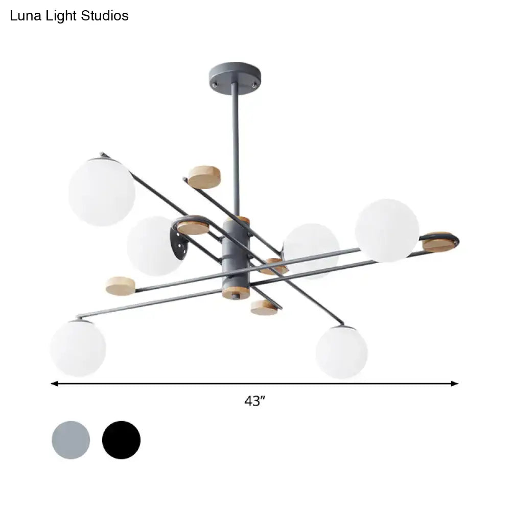 DecorBites™ modern 6-head black metal chandelier with natural wood accents and frosted glass shades for living room lighting