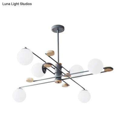 DecorBites™ modern 6-head black chandelier with matte metal arms wooden accents and frosted glass shades for living room