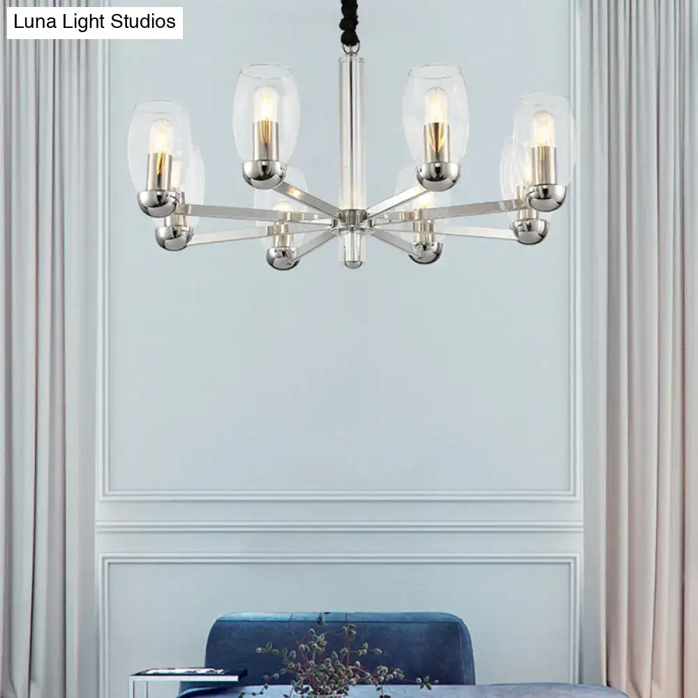 DecorBites™ modern chrome chandelier with six clear glass shades and exposed filament bulbs with adjustable chain