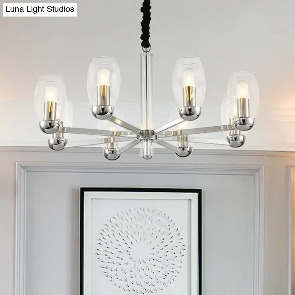 DecorBites™ modern 6-head chandelier with chrome finish clear glass shades and adjustable ceiling pendant chain
