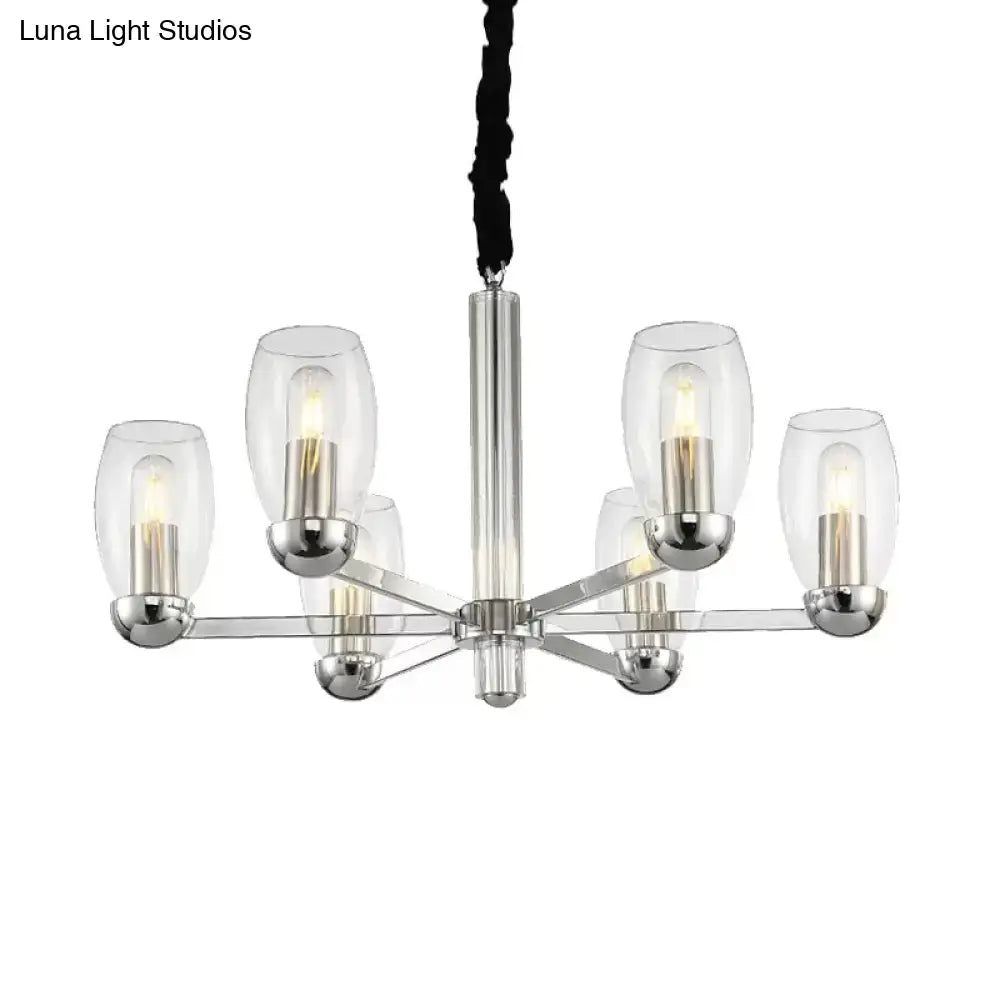DecorBites™ modern chrome chandelier with six clear glass shades and exposed filament bulbs ceiling pendant fixture