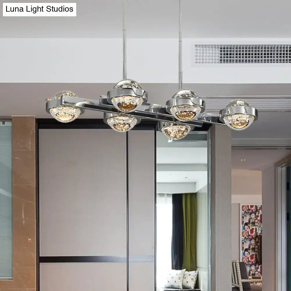 Modern chrome gold led island lamp with six crystal-encrusted spherical lights ideal for dining table lighting