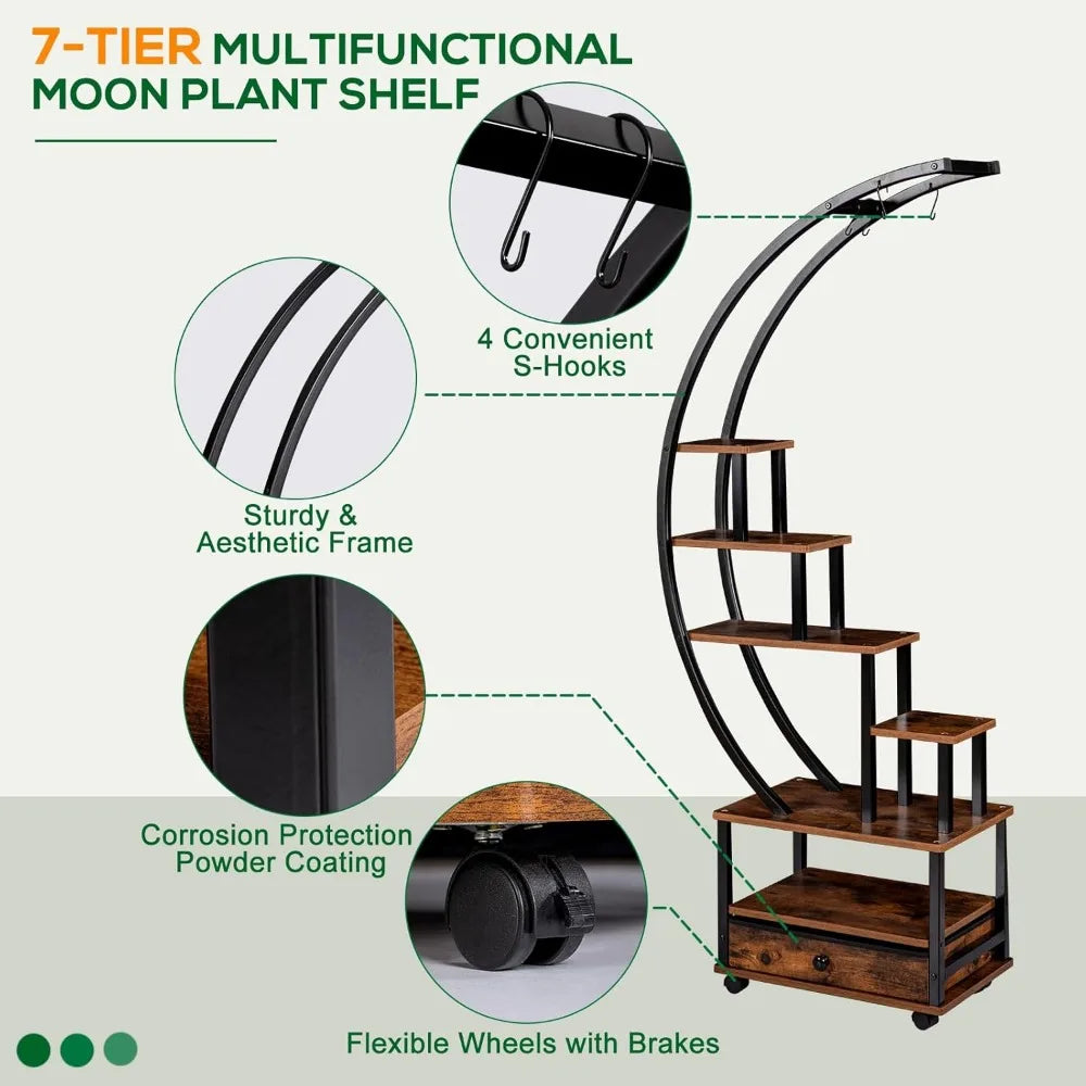 Decorbites modern 71 tall black and rustic wood 7-tier indoor plant stand with s-hooks powder-coated frame and lockable wheels