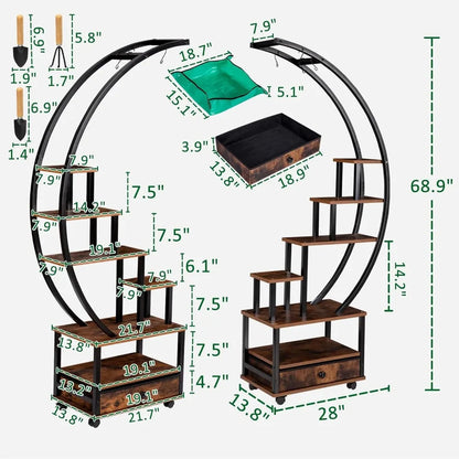 Decorbites modern 71 tall industrial-style indoor plant stand with dark brown wooden shelves black metal frame and drawer