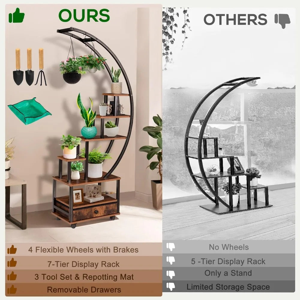 Decorbites™ modern 71 inch tall indoor plant stand in black and wood tones with drawers shelves and lockable wheels