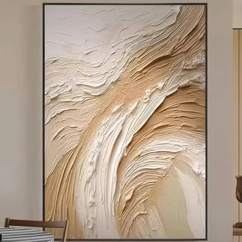 Beige and cream textured abstract canvas painting with sculpted waves in a black frame for aesthetic room decoration thickness