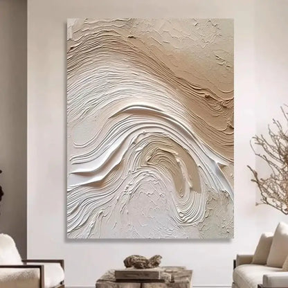 Beige and white textured abstract canvas painting with layered flowing brushstrokes ideal for aesthetic room decoration thickness